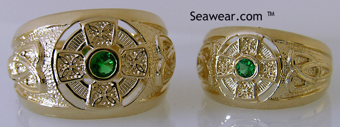 Celtic Cross trinity knot ring with green stone