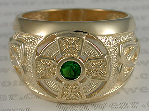 14kt Celtic Cross ring with green diamond cut stone