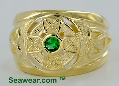 gold Celtic cross ring with green stone