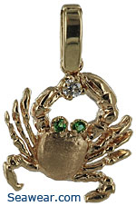 14kt gold fiddler  crab necklace with diamond and emeralds