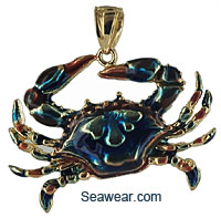 14k gold Chesapeake Bay blue crab with enamel