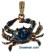 14k gold small Maryland blue crab with blue enamel