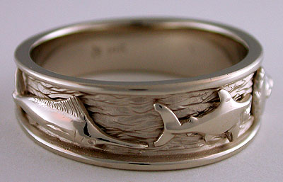 14k white gold marlin mako shark ring
