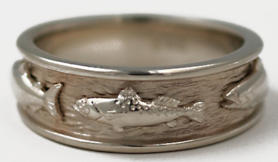 14kt white gold fish ring with salmon and sea trout