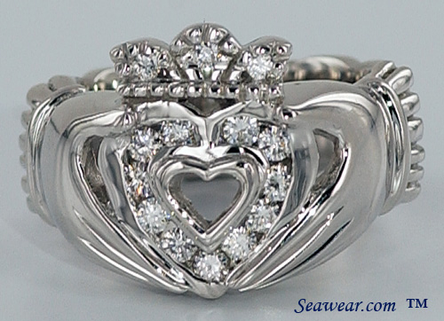 low rise feminine crown adorns the diamond Claddagh heart