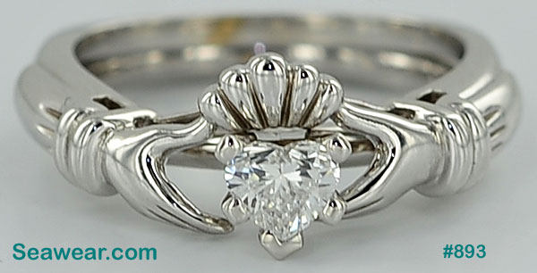 white gold Claddagh diamond engagement ring and Claddagh enhancer band