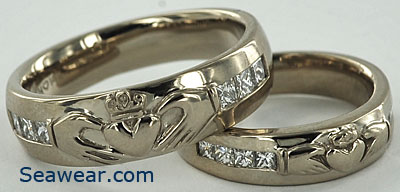 matching white gold Claddagh diamond wedding bands