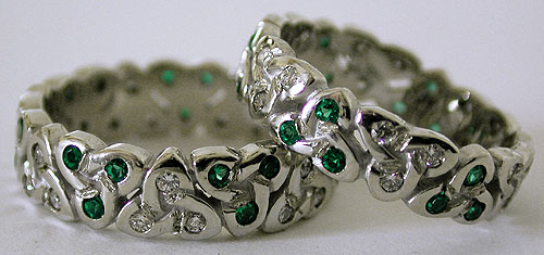 white gold diamond and emerald trinity knot wedding set