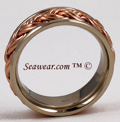 Catalina Sunset ring showing thickness of white and rose gold double braid