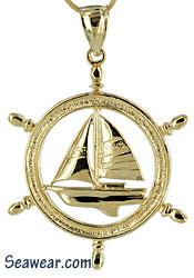 14kt gold ship yacht wheel with sailboat