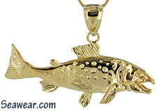full round gold coho salmon swimming upstreat jewelry necklace pendant