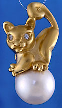 Regine cat and pearl pendant with diamnd eyes  cat jewelry necklace