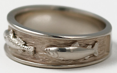 14kt white gold sea trout and salmon fish ring