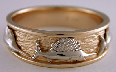 triple sailfish ring in two tone 14k gold
