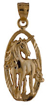 14kt gold unicorn framed in oval pendant 