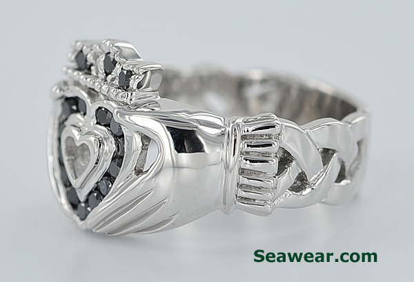 white gold Claddagh ring with open Celtic knot band and black diamonds