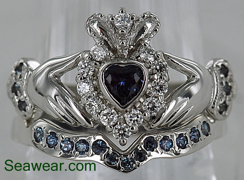 diamond alexandrite Claddagh wedding band set