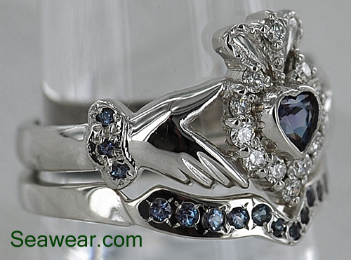 diamond alexandrite Claddagh wedding ring band set