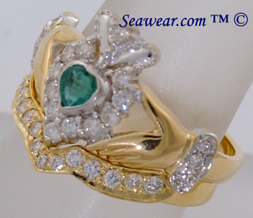 side view of diamond Claddagh ring and diamond band