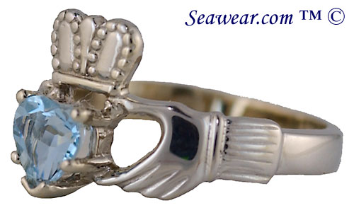 14kt white gold Claddaagh ring with aquamarine gemstone