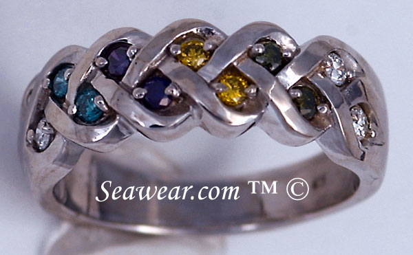 white gold polished Celtic band with multi color diamonds