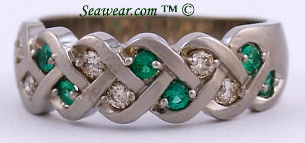 14kt white gold with emerald and diamonds Celtic weave ring