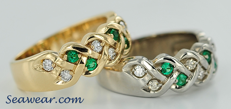white gold yellow gold diamond emerald Celtic braid bands