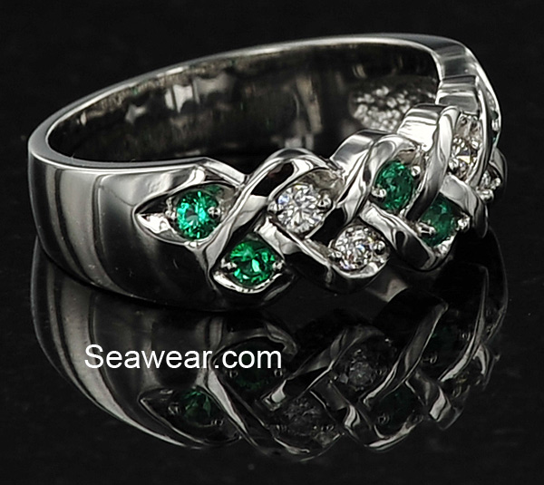 platinum two row Celtic weave diamond and emerald ring