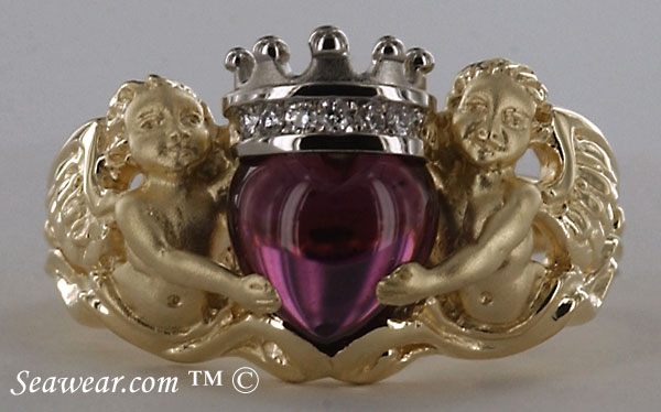 angels claddagh ring by Steven Douglas with rhodolite heart