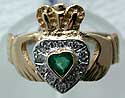 diamond cluster and emerald claddagh ring