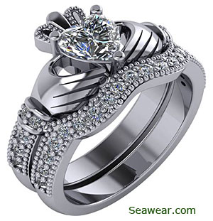 Claddagh diamond engagement ring setting and mtaching diamond wedding band setting