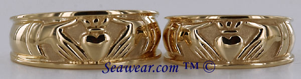 gents and ladies 14kt yellow Claddagh wedding bands