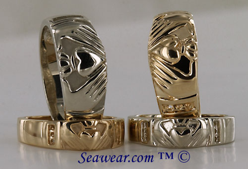14kt Claddagh rings in white and yellow gold