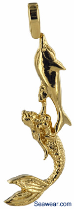 14kt gold mermaid riding dolphin jewelry necklace pendant