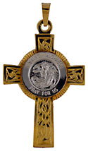 St Michael Patrol Saint medal in 14kt white gold with 14kt yellow gold Celtic Cross