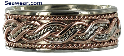 white and rose gold hand woven wedding band