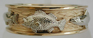 white gold large mouth bass on yellow gold ring