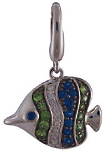 14kt white gold reef fish with diamonds, light blue sapphires and green garnets