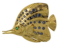 14kt longnosed butterfly tripical fish pendant with emerald  eye and bands of sapphires