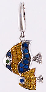 14kt white gold double reef fish pendant with diamonds and sapphires