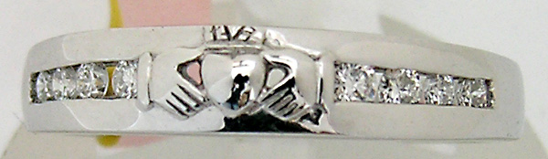 14kt white gold and diamonds Claddagh eternity band
